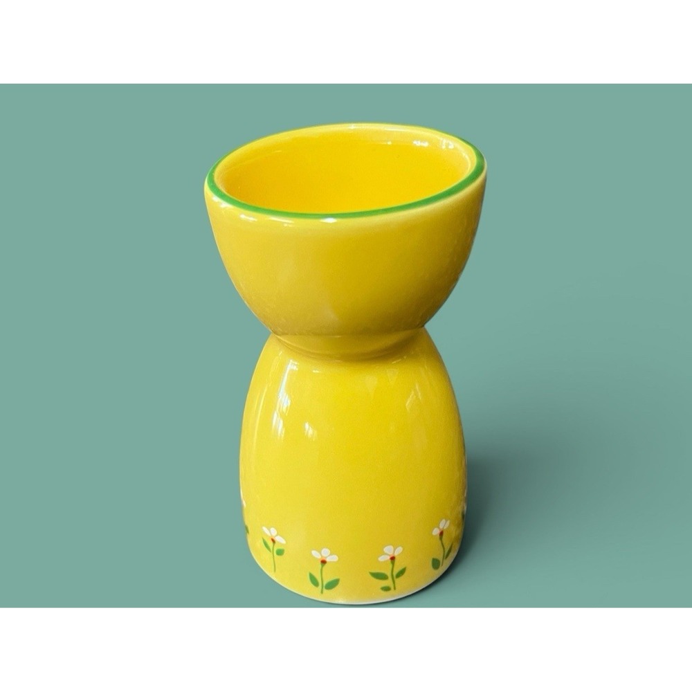!985 Teleflora Ceramic Bright Yellow Double Coddler‎ Egg Cup Sunny Daisy Vintage